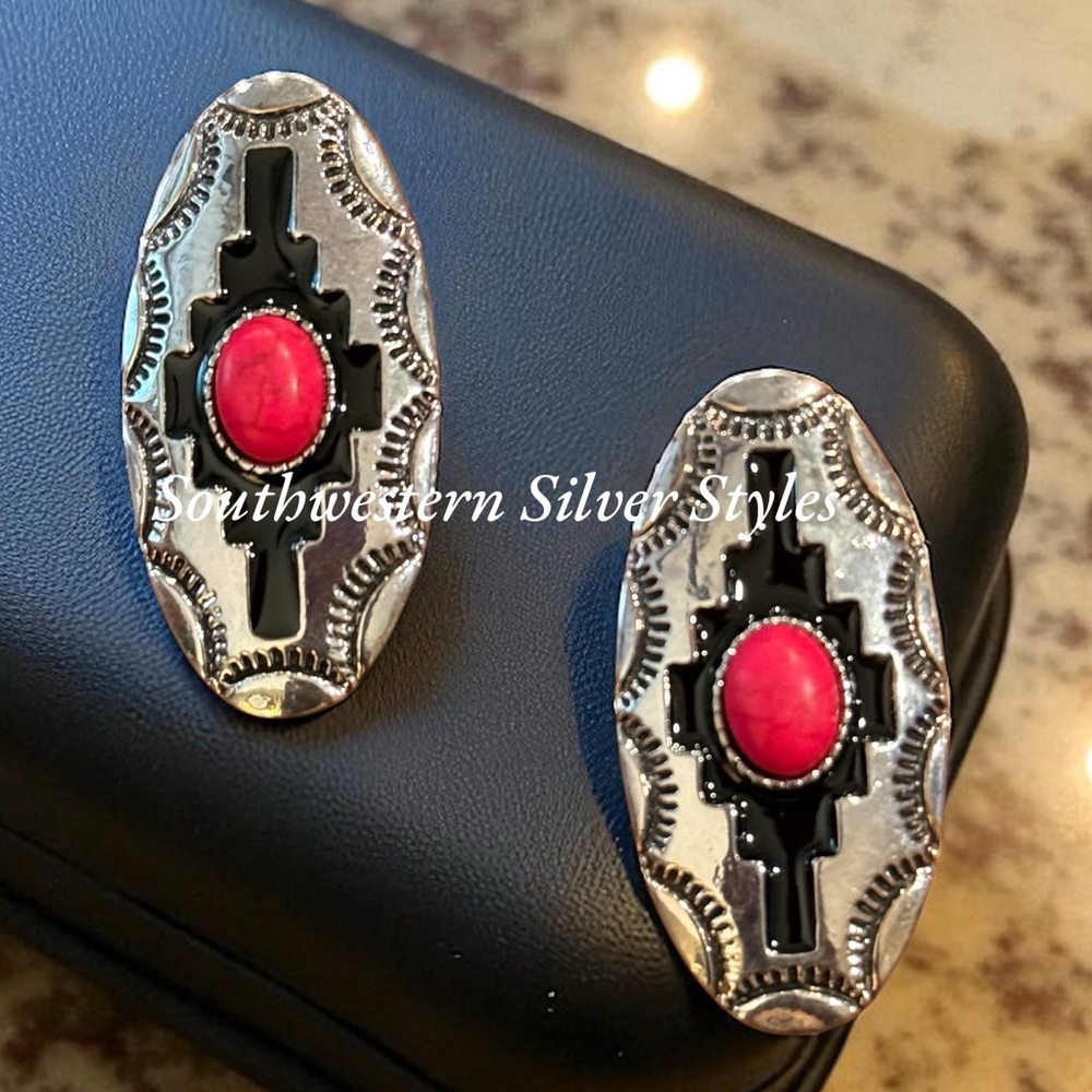 Tribal Replica Navajo Shadow Box Pink Howlite Turquoise Silver Plated Earrings